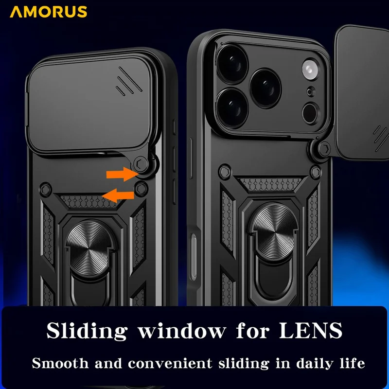 AMORUS For iPhone 17 Pro Max Case Kickstand PC + TPU Phone Cover with Camera Lens Slider - Black