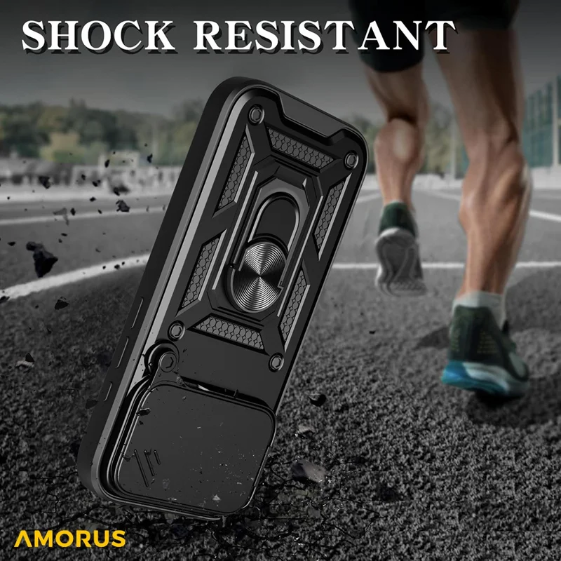 AMORUS For iPhone 17 Pro Max Case Kickstand PC + TPU Phone Cover with Camera Lens Slider - Black