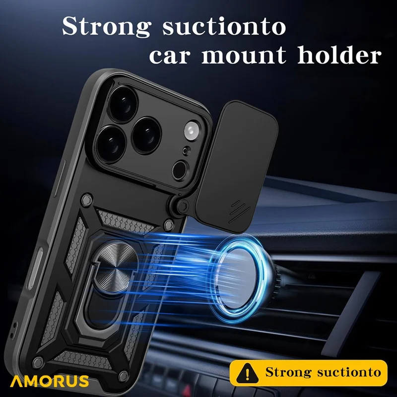 AMORUS For iPhone 17 Pro Max Case Kickstand PC + TPU Phone Cover with Camera Lens Slider - Black