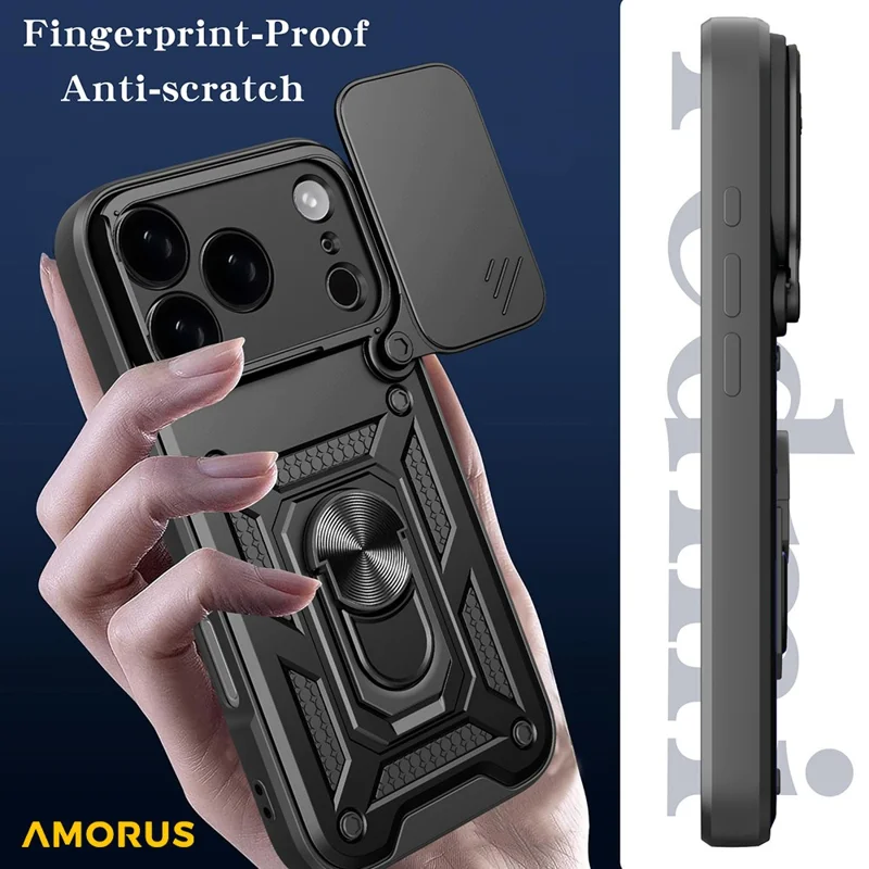 AMORUS For iPhone 17 Pro Max Case Kickstand PC + TPU Phone Cover with Camera Lens Slider - Black