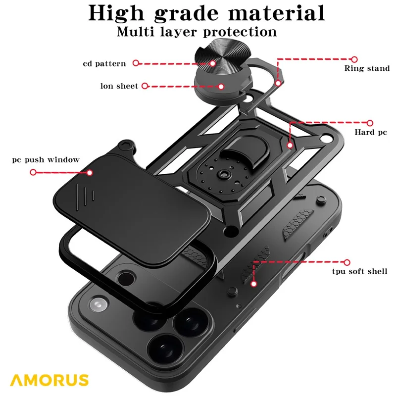 AMORUS For iPhone 17 Pro Max Case Kickstand PC + TPU Phone Cover with Camera Lens Slider - Black