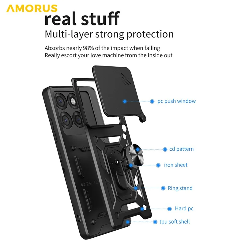 AMORUS For Motorola Edge 60 Pro 5G Case Kickstand PC + TPU Phone Cover with Camera Lens Slider - Black