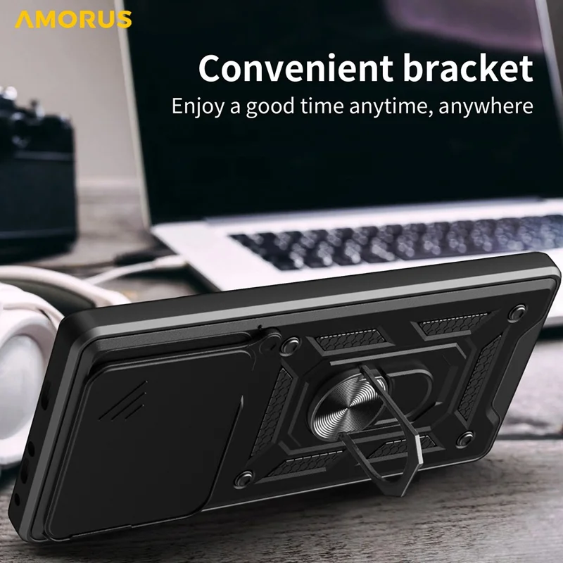 AMORUS For Motorola Edge 60 Pro 5G Case Kickstand PC + TPU Phone Cover with Camera Lens Slider - Black