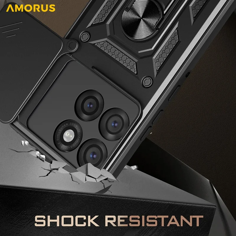 AMORUS For Motorola Edge 60 Pro 5G Case Kickstand PC + TPU Phone Cover with Camera Lens Slider - Black