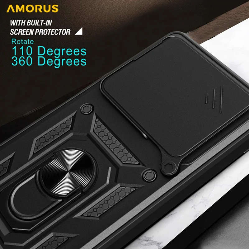 AMORUS For Motorola Edge 60 Pro 5G Case Kickstand PC + TPU Phone Cover with Camera Lens Slider - Black