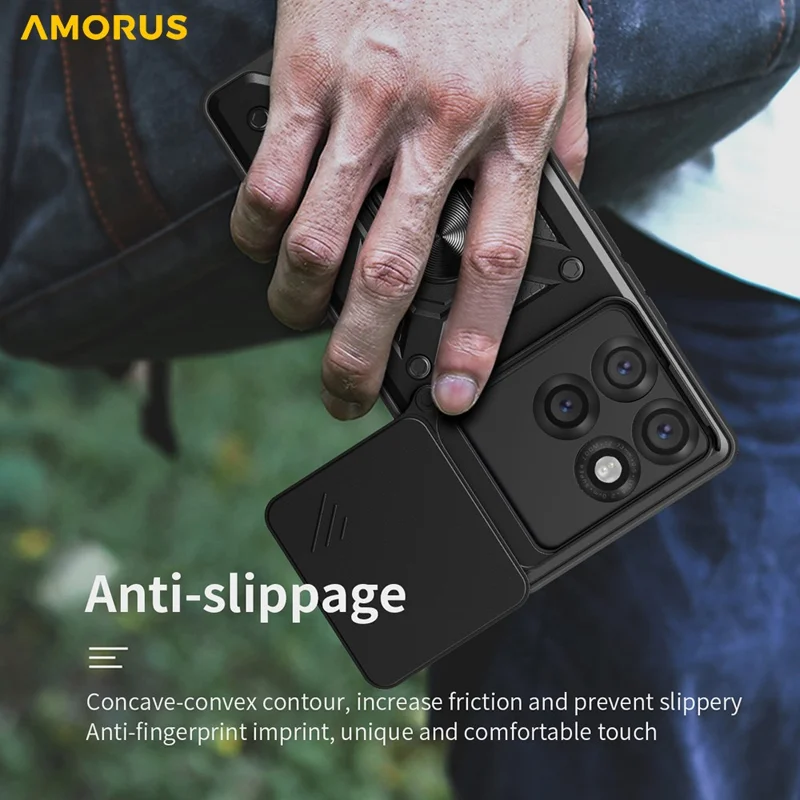 AMORUS For Motorola Edge 60 Pro 5G Case Kickstand PC + TPU Phone Cover with Camera Lens Slider - Black