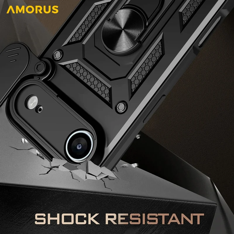 AMORUS For iPhone 17 Air Case Kickstand PC + TPU Phone Cover with Camera Lens Slider - Black