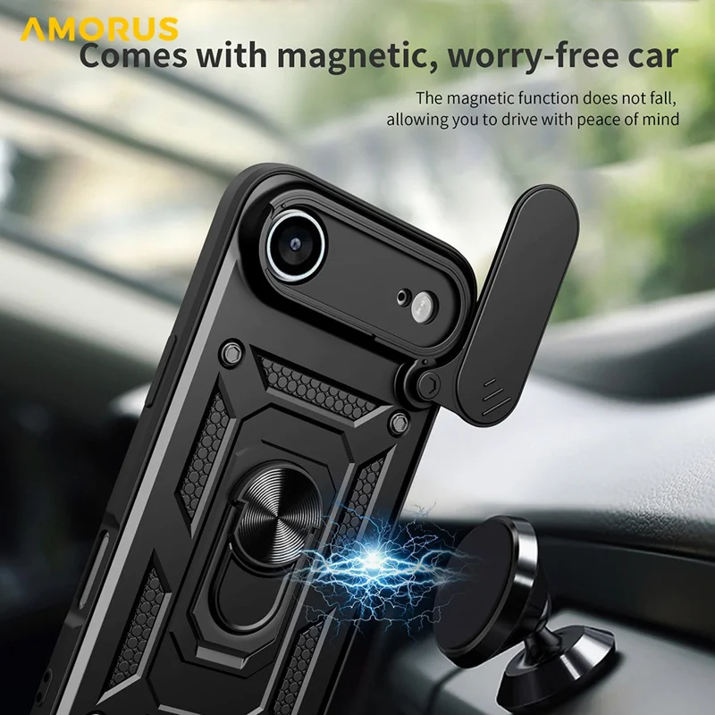 AMORUS For iPhone 17 Air Case Kickstand PC + TPU Phone Cover with Camera Lens Slider - Black