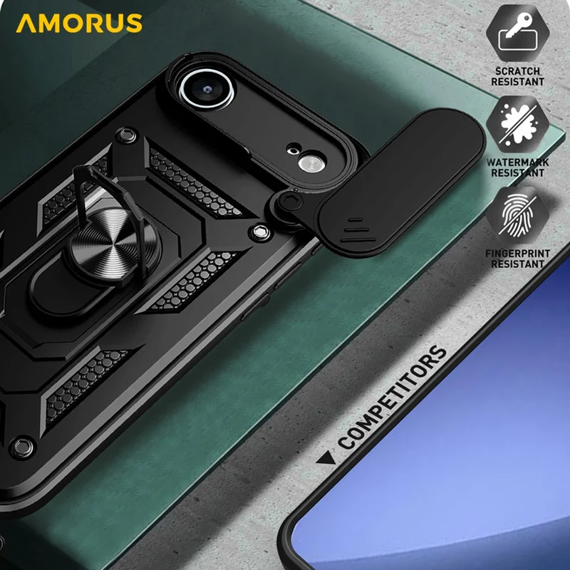 AMORUS For iPhone 17 Air Case Kickstand PC + TPU Phone Cover with Camera Lens Slider - Black