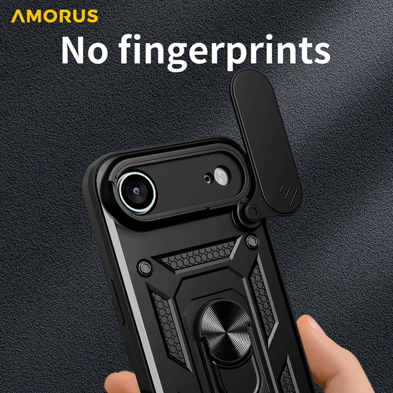 AMORUS For iPhone 17 Air Case Kickstand PC + TPU Phone Cover with Camera Lens Slider - Black