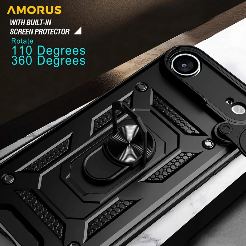 AMORUS For iPhone 17 Air Case Kickstand PC + TPU Phone Cover with Camera Lens Slider - Black