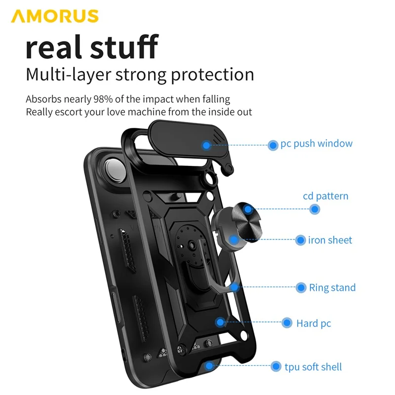 AMORUS For iPhone 17 Air Case Kickstand PC + TPU Phone Cover with Camera Lens Slider - Black