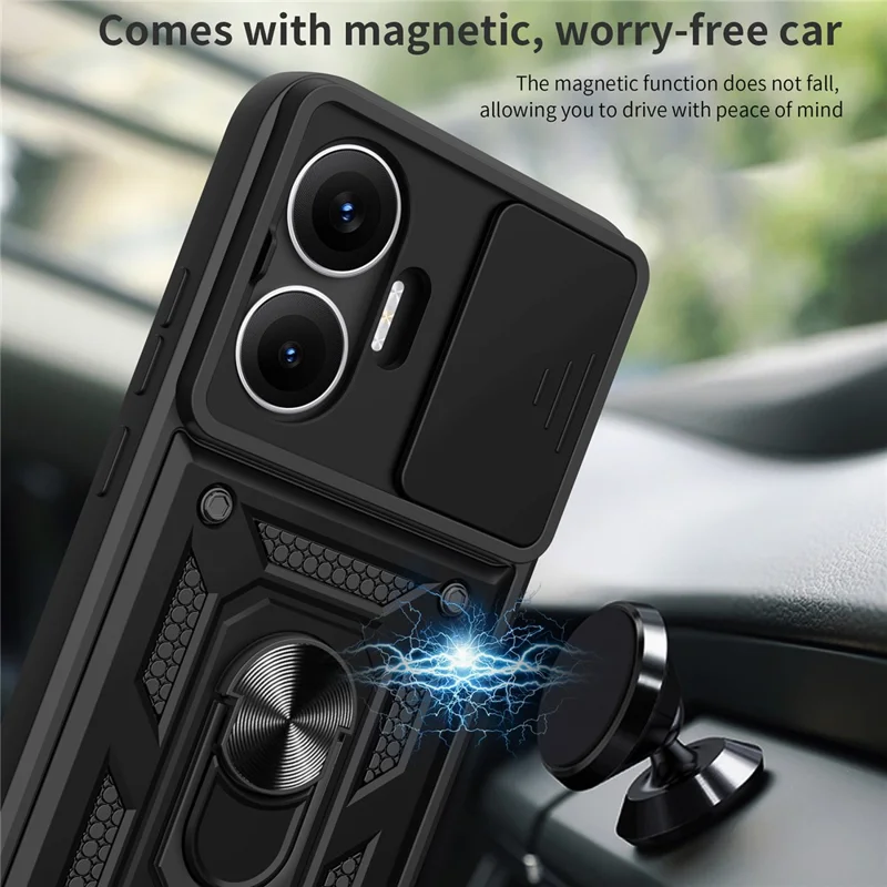 AMORUS Für Xiaomi Poco F7 5G / Redmi Turbo 4 Pro 5G Hülle mit Ständer PC + TPU Handyhülle mit Kamera-Objektivschuber - Schwarz