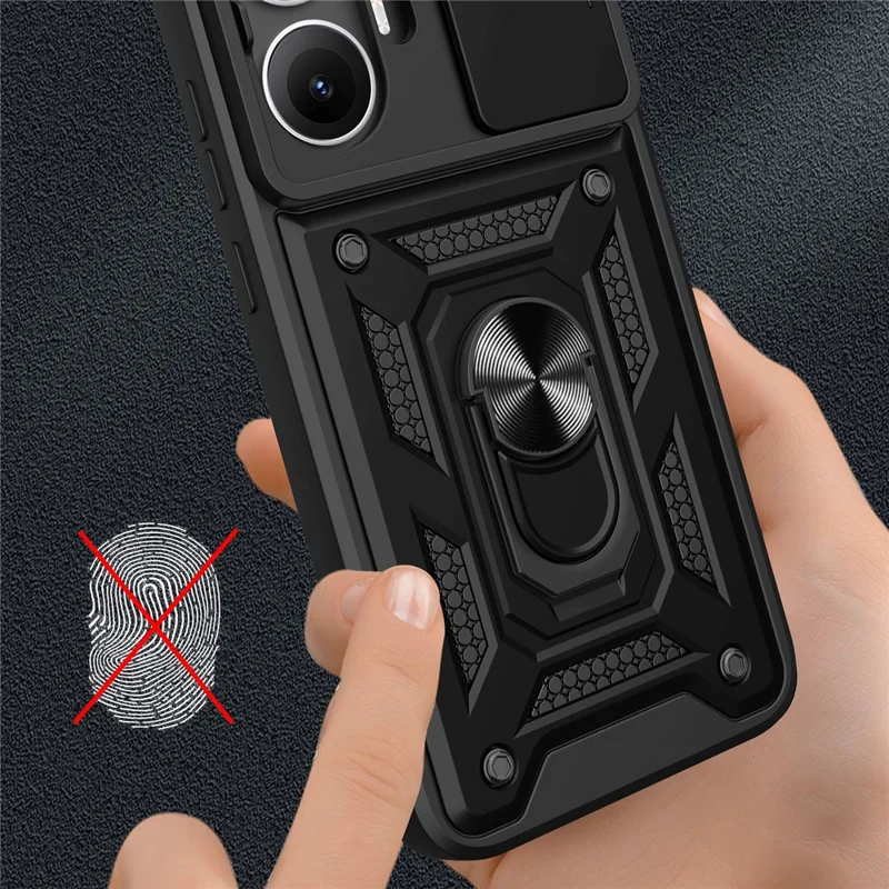 AMORUS Für Xiaomi Poco F7 5G / Redmi Turbo 4 Pro 5G Hülle mit Ständer PC + TPU Handyhülle mit Kamera-Objektivschuber - Schwarz