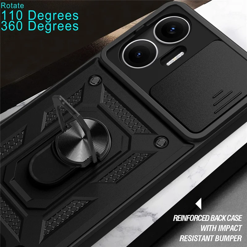 AMORUS Für Xiaomi Poco F7 5G / Redmi Turbo 4 Pro 5G Hülle mit Ständer PC + TPU Handyhülle mit Kamera-Objektivschuber - Schwarz