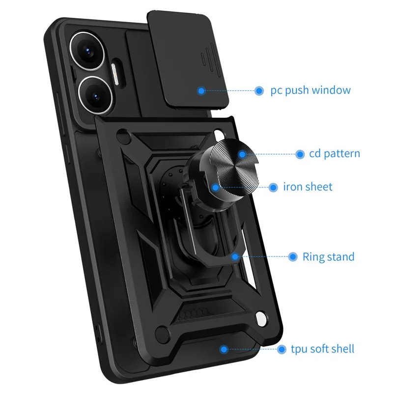 AMORUS Für Xiaomi Poco F7 5G / Redmi Turbo 4 Pro 5G Hülle mit Ständer PC + TPU Handyhülle mit Kamera-Objektivschuber - Schwarz