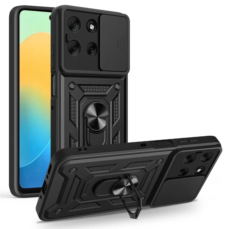 AMORUS Handyhülle für Motorola Moto G56 5G mit Ständer, PC + TPU Schutzhülle mit Kameraschuber - Schwarz