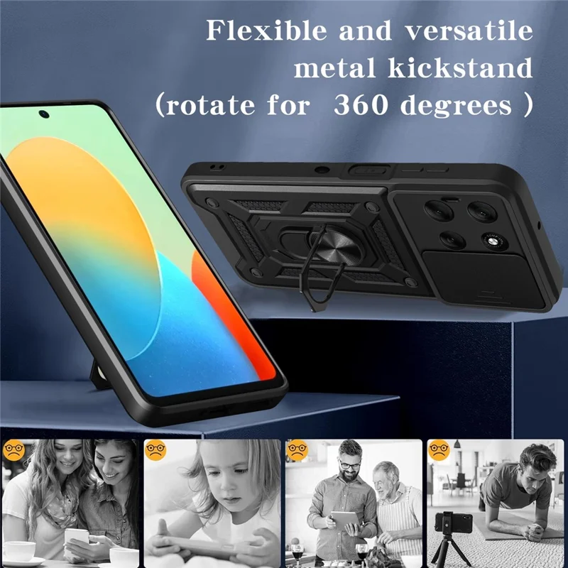 AMORUS Handyhülle für Motorola Moto G56 5G mit Ständer, PC + TPU Schutzhülle mit Kameraschuber - Schwarz