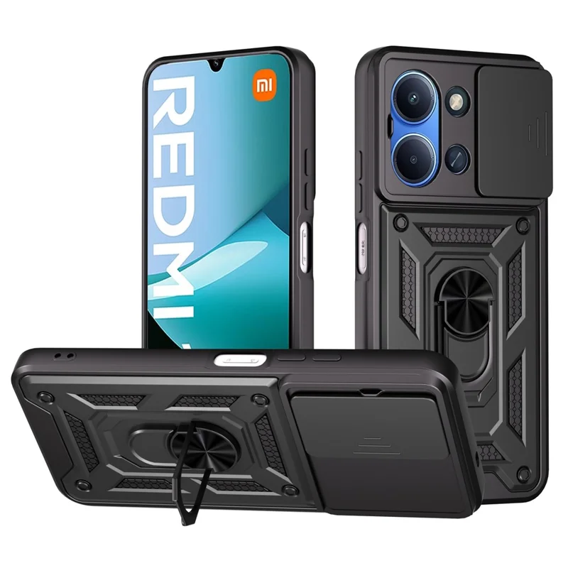 AMORUS pour Xiaomi Redmi 15C 4G (UE) (173 mm) / 15C 5G (UE) (173 mm) Étui avec Support Béquille PC + TPU Protège-caméra Coulissant - Noir