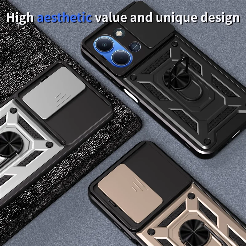 AMORUS pour Xiaomi Redmi 15C 4G (UE) (173 mm) / 15C 5G (UE) (173 mm) Étui avec Support Béquille PC + TPU Protège-caméra Coulissant - Noir