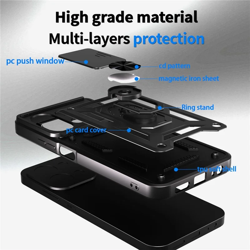 AMORUS pour Xiaomi Redmi 15C 4G (UE) (173 mm) / 15C 5G (UE) (173 mm) Étui avec Support Béquille PC + TPU Protège-caméra Coulissant - Noir