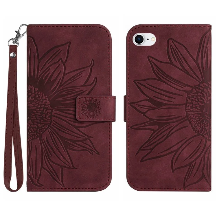 Para iPhone 7 / 8 / SE (2020) / SE (2022) HT04 Pele de toque skin-Touch PU Capa de telefone anti-impressão Imprimir Girassol Suporte Carteira Capa com alça de mão - Vermelho vinho
