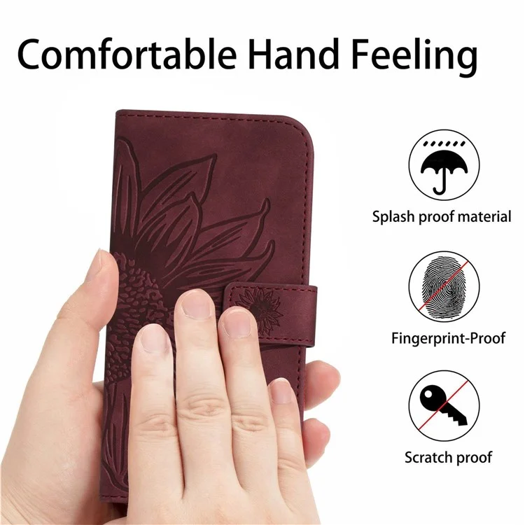 Para iPhone 7 / 8 / SE (2020) / SE (2022) HT04 Pele de toque skin-Touch PU Capa de telefone anti-impressão Imprimir Girassol Suporte Carteira Capa com alça de mão - Vermelho vinho