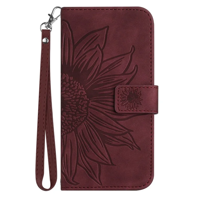 Para iPhone 7 / 8 / SE (2020) / SE (2022) HT04 Pele de toque skin-Touch PU Capa de telefone anti-impressão Imprimir Girassol Suporte Carteira Capa com alça de mão - Vermelho vinho
