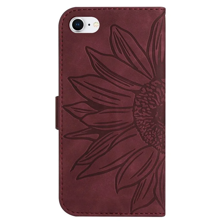 Para iPhone 7 / 8 / SE (2020) / SE (2022) HT04 Pele de toque skin-Touch PU Capa de telefone anti-impressão Imprimir Girassol Suporte Carteira Capa com alça de mão - Vermelho vinho