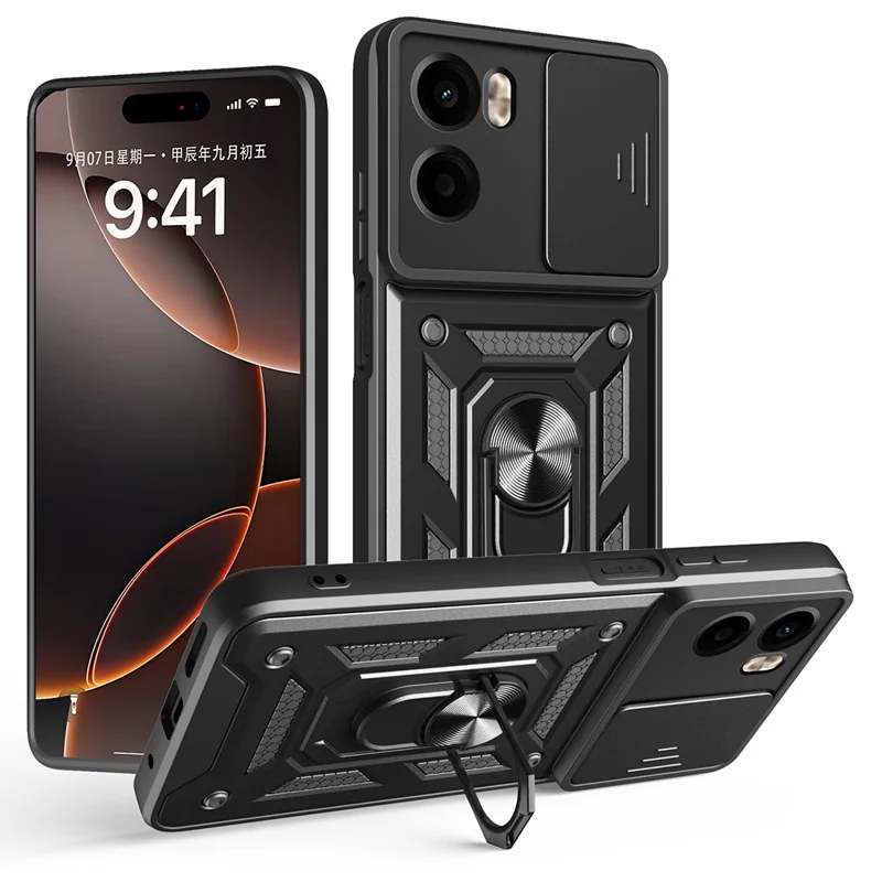 AMORUS For Motorola Moto G05 4G Case Kickstand PC + TPU Phone Cover with Camera Lens Slider - Black