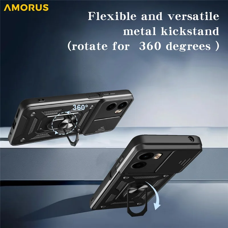 AMORUS For Motorola Moto G05 4G Case Kickstand PC + TPU Phone Cover with Camera Lens Slider - Black
