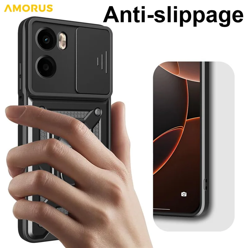 AMORUS For Motorola Moto G05 4G Case Kickstand PC + TPU Phone Cover with Camera Lens Slider - Black