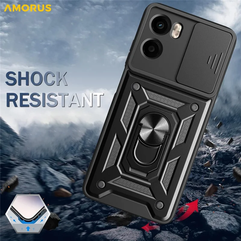 AMORUS For Motorola Moto G05 4G Case Kickstand PC + TPU Phone Cover with Camera Lens Slider - Black