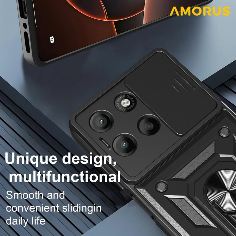 Funda AMORUS para Motorola Moto G15 4G con Soporte Rígida + TPU, Deslizador de Lente de Cámara - Negro