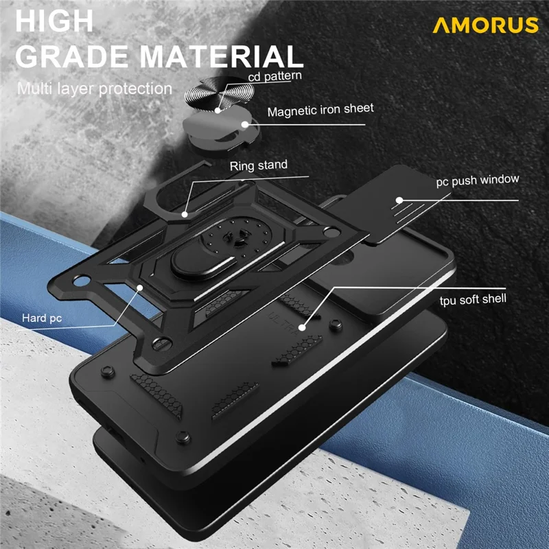 Funda AMORUS para Motorola Moto G15 4G con Soporte Rígida + TPU, Deslizador de Lente de Cámara - Negro