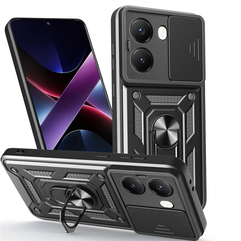 Чехол с подставкой AMORUS для Xiaomi Redmi Turbo 4 5G / Poco X7 Pro 5G, PC + TPU, с ползунком для объектива камеры - черный