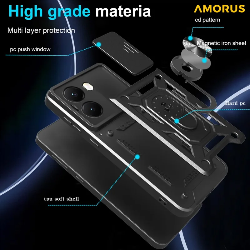Чехол с подставкой AMORUS для Xiaomi Redmi Turbo 4 5G / Poco X7 Pro 5G, PC + TPU, с ползунком для объектива камеры - черный
