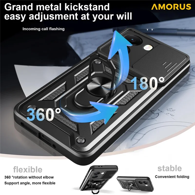 Чехол с подставкой AMORUS для Xiaomi Redmi Turbo 4 5G / Poco X7 Pro 5G, PC + TPU, с ползунком для объектива камеры - черный