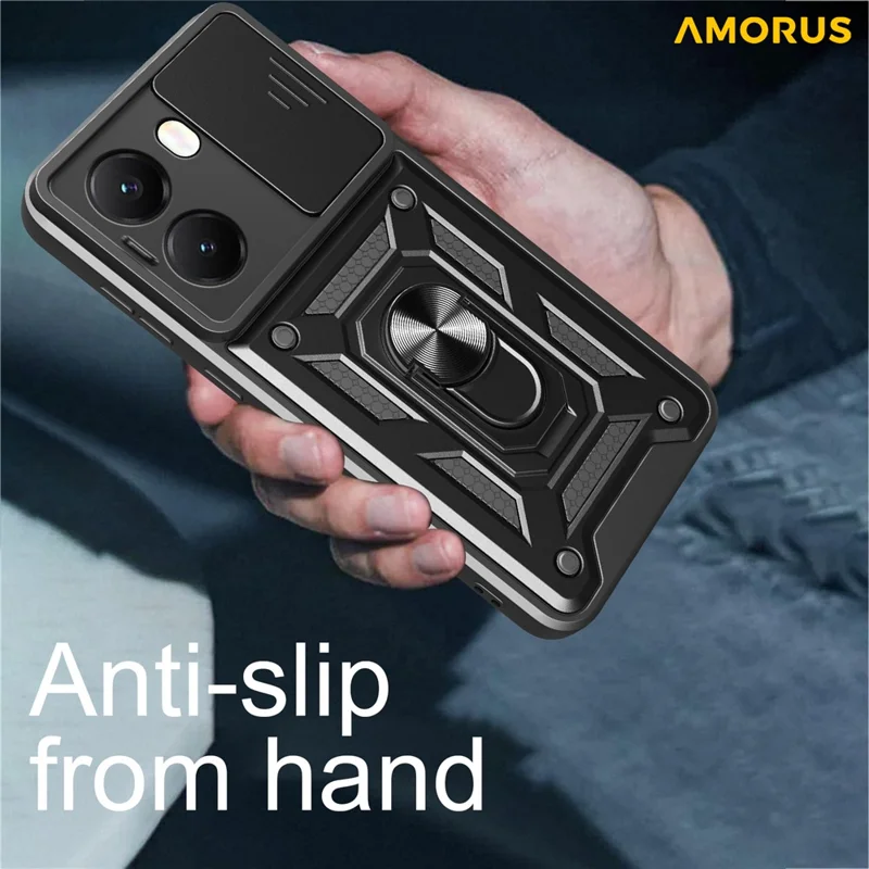 Чехол с подставкой AMORUS для Xiaomi Redmi Turbo 4 5G / Poco X7 Pro 5G, PC + TPU, с ползунком для объектива камеры - черный