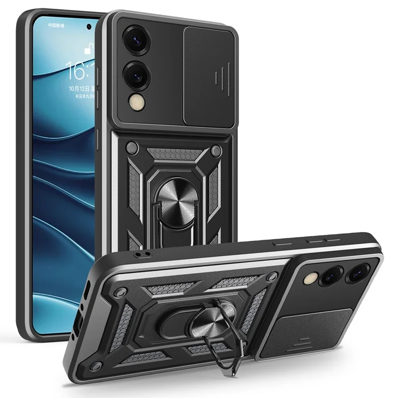 AMORUS For Samsung Galaxy S25 Edge Case Kickstand PC + TPU Phone Cover with Camera Lens Slider - Black