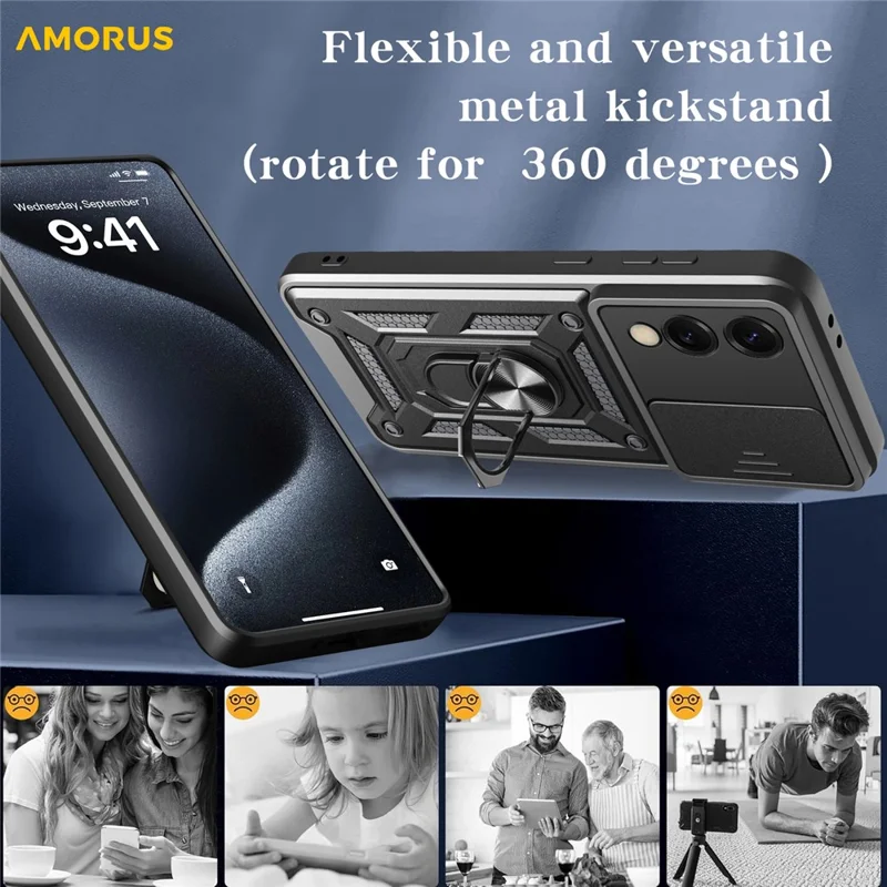 AMORUS For Samsung Galaxy S25 Edge Case Kickstand PC + TPU Phone Cover with Camera Lens Slider - Black