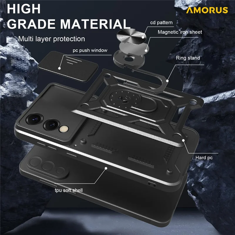 AMORUS For Samsung Galaxy S25 Edge Case Kickstand PC + TPU Phone Cover with Camera Lens Slider - Black