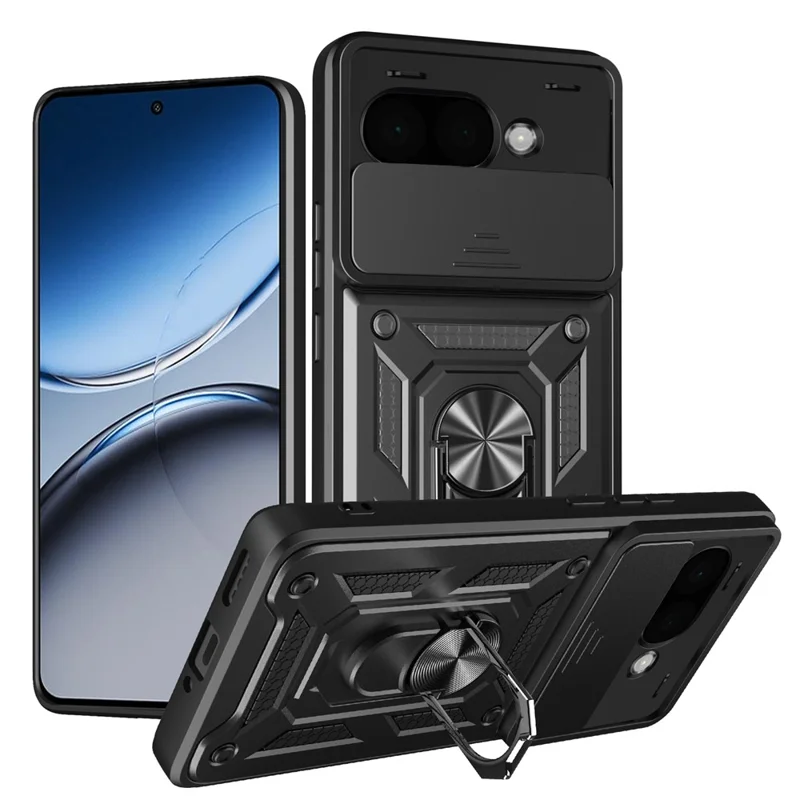 AMORUS For Google Pixel 9a Case Kickstand PC + TPU Phone Cover with Camera Lens Slider - Black