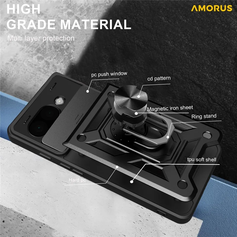 AMORUS For Google Pixel 9a Case Kickstand PC + TPU Phone Cover with Camera Lens Slider - Black
