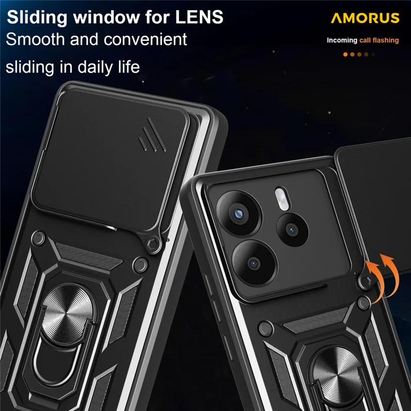 AMORUS For Xiaomi Redmi Note 14 4G (164.84mm) Case Kickstand PC + TPU Phone Cover with Camera Lens Slider - Black