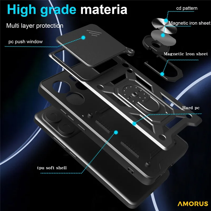 AMORUS For Xiaomi Redmi Note 14 4G (164.84mm) Case Kickstand PC + TPU Phone Cover with Camera Lens Slider - Black