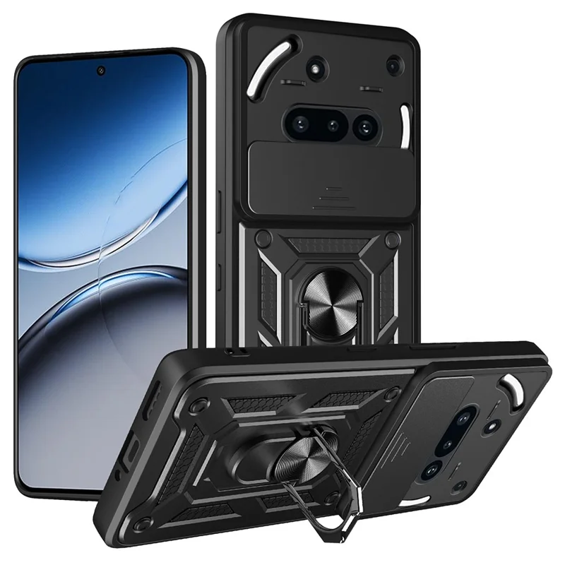 AMORUS For Nothing Phone (3a) Case Kickstand PC + TPU Phone Cover with Camera Lens Slider - Black