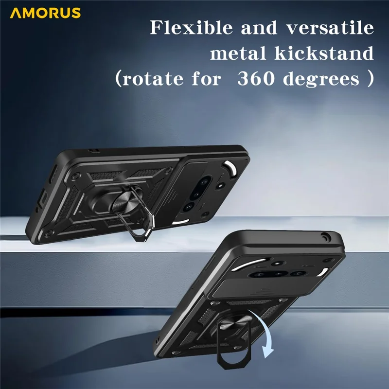 AMORUS For Nothing Phone (3a) Case Kickstand PC + TPU Phone Cover with Camera Lens Slider - Black