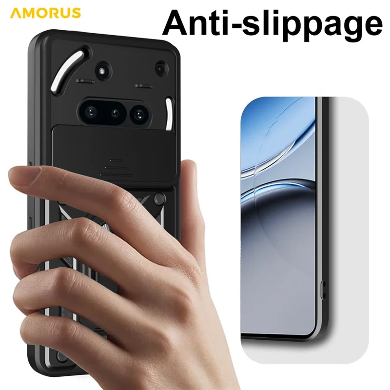 AMORUS For Nothing Phone (3a) Case Kickstand PC + TPU Phone Cover with Camera Lens Slider - Black