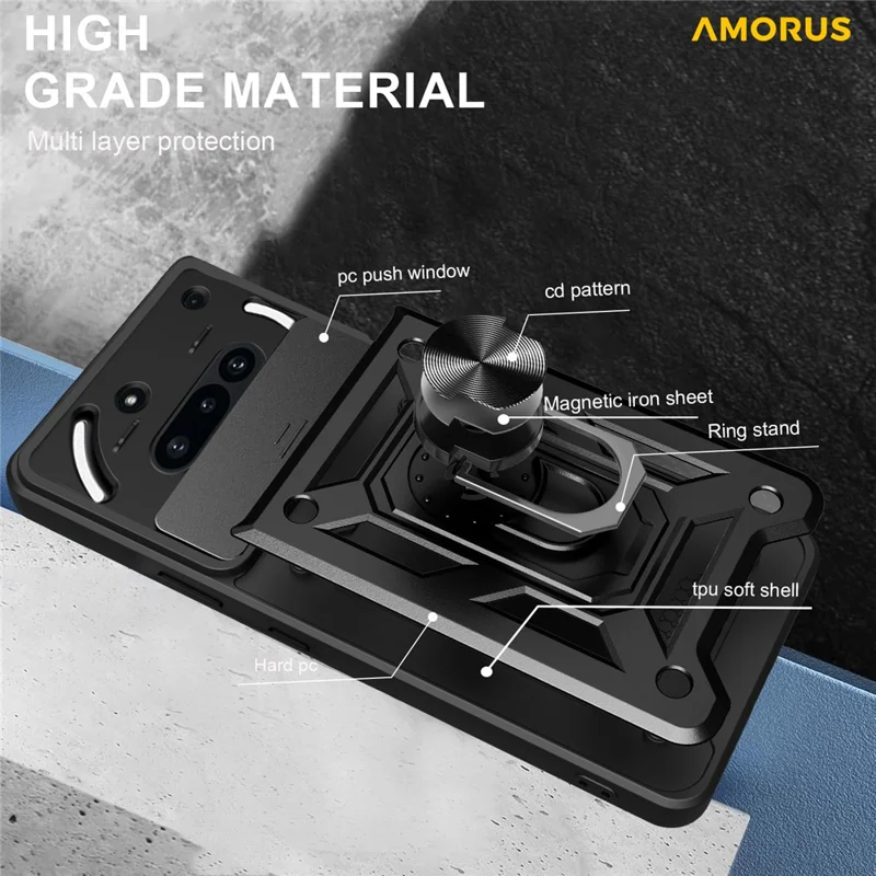 AMORUS For Nothing Phone (3a) Case Kickstand PC + TPU Phone Cover with Camera Lens Slider - Black